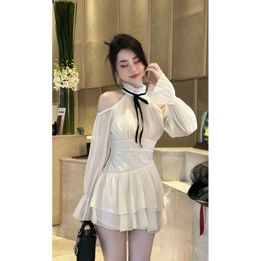 Đầm hở vai phối nơ đen chân váy xòe tầng voan 2 lớp kèm đai eo tiểu thư - Ảnh 6