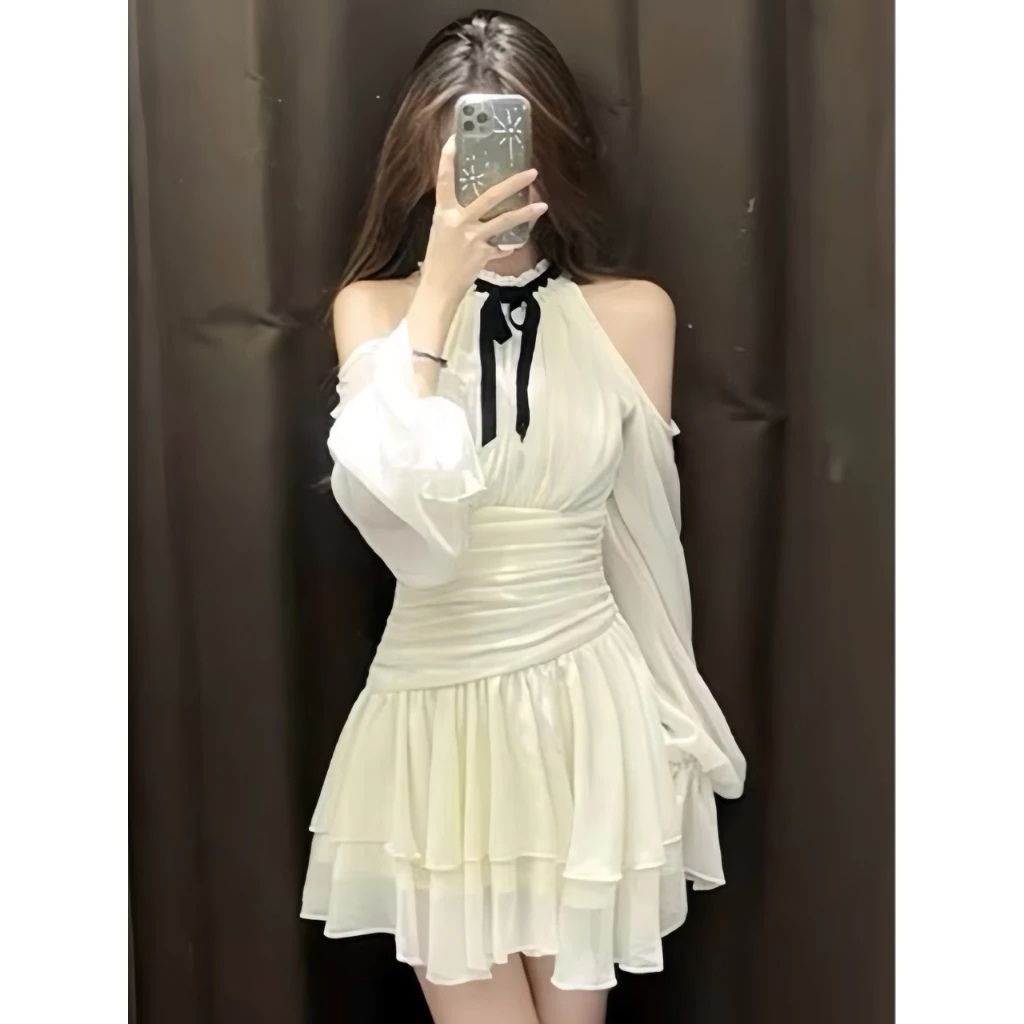 Đầm hở vai phối nơ đen chân váy xòe tầng voan 2 lớp kèm đai eo tiểu thư - Ảnh 7