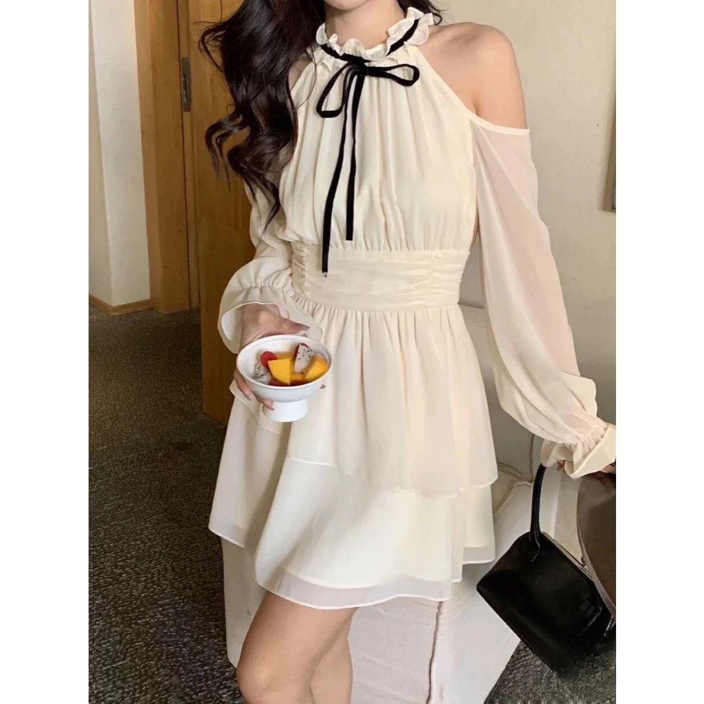 Đầm hở vai phối nơ đen chân váy xòe tầng voan 2 lớp kèm đai eo tiểu thư - Ảnh 8