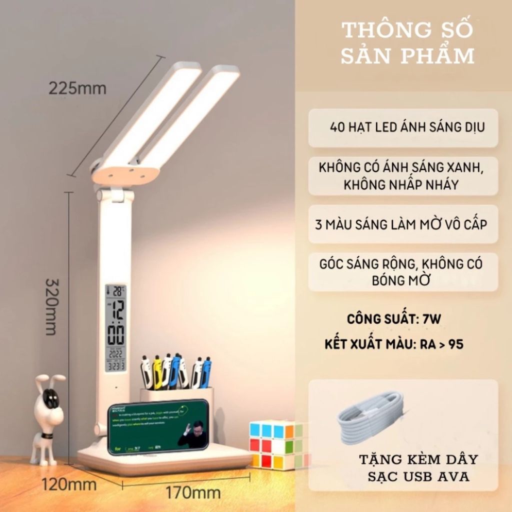 Đèn LED để bàn chống cận 3 chế độ sáng kèm đồng hồ LCD - Ảnh 3