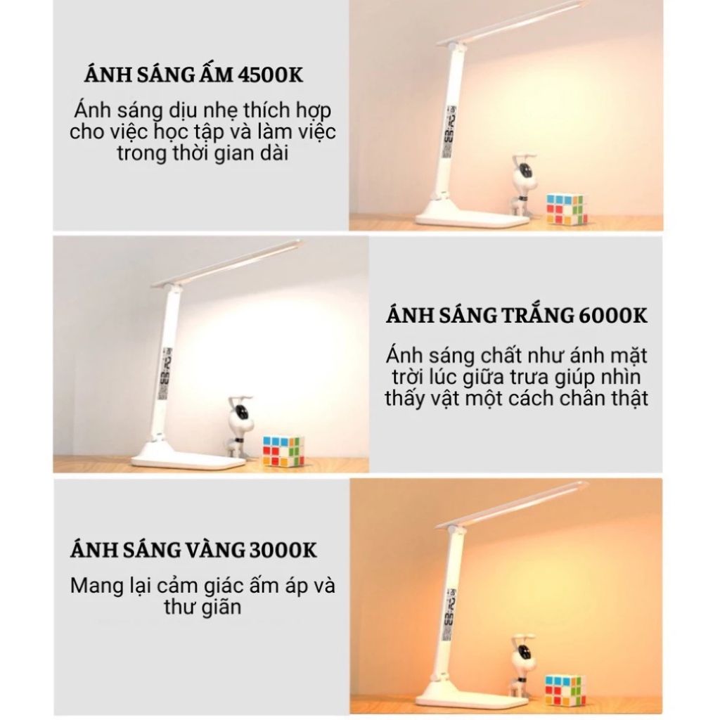 Đèn LED để bàn chống cận 3 chế độ sáng kèm đồng hồ LCD - Ảnh 4