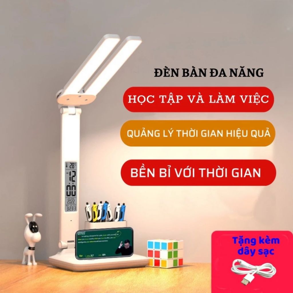 Đèn LED để bàn chống cận 3 chế độ sáng kèm đồng hồ LCD