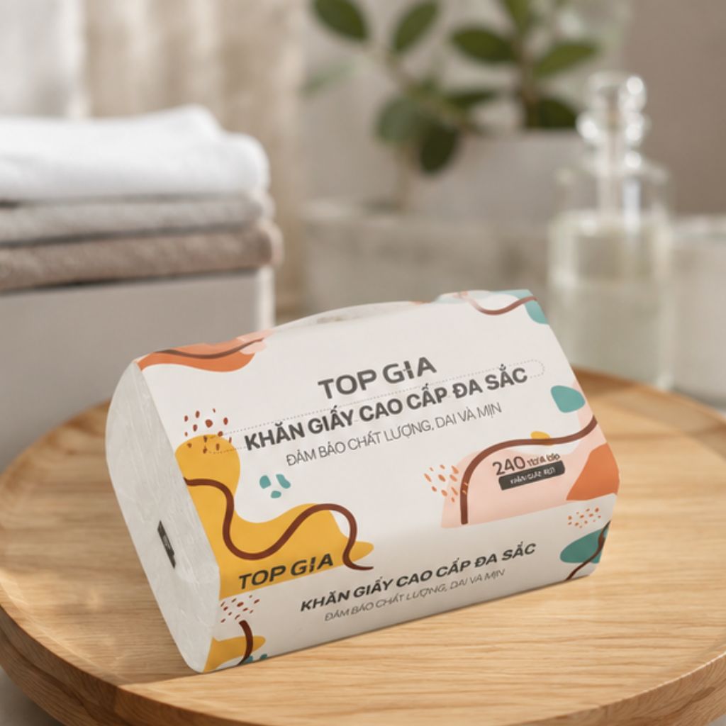 Giấy ăn rút Topgia đa sắc 240 tờ 4 lớp mềm mịn thấm hút tốt