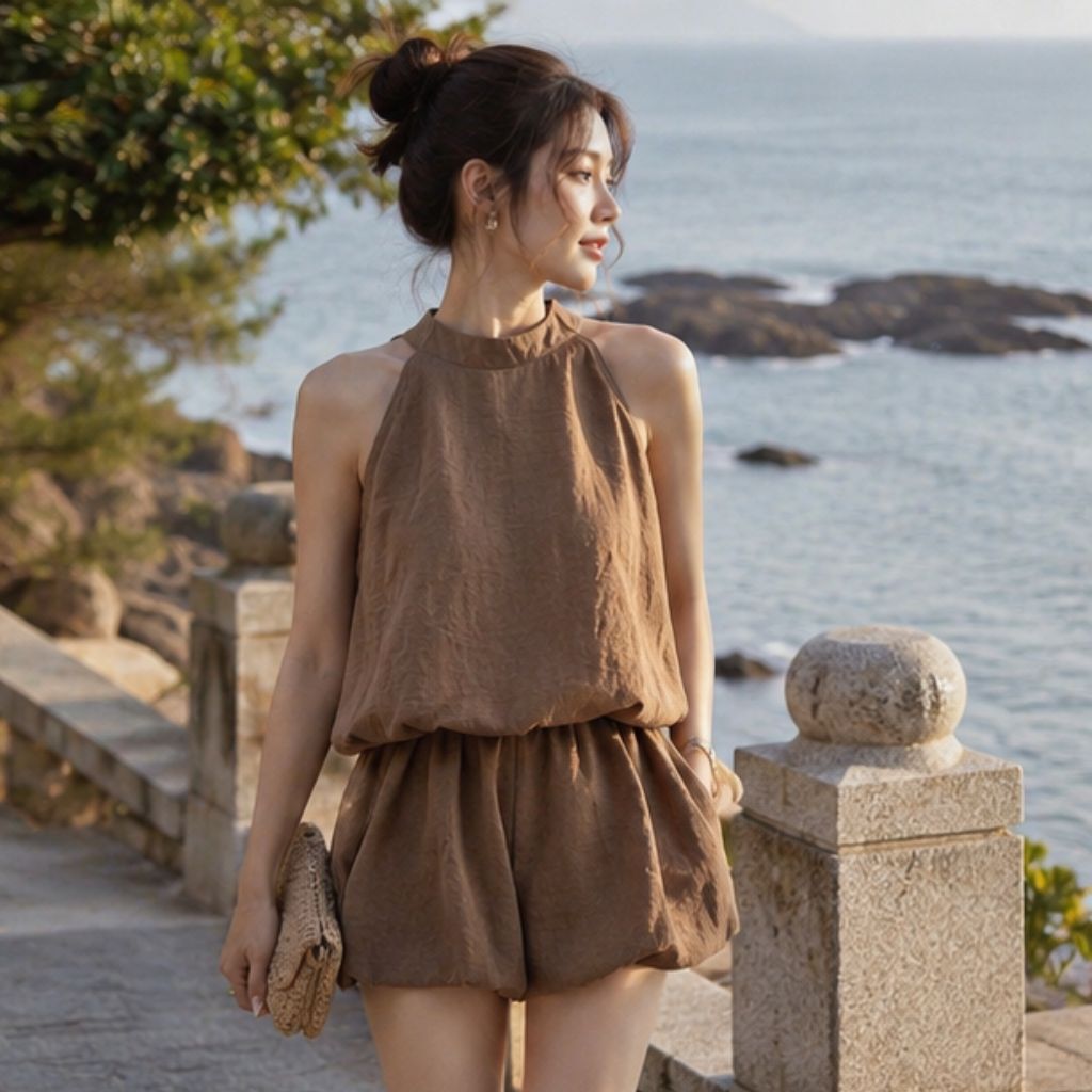 Jumpsuit Jennie BlackPink cổ yếm dáng bí ngô chất đũi da lộn thời trang nữ cá tính