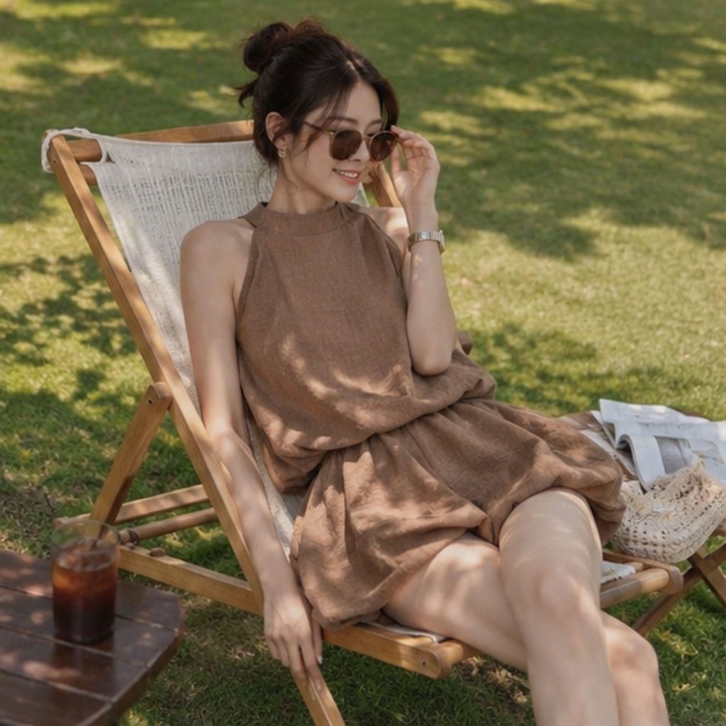 Jumpsuit Jennie BlackPink cổ yếm dáng bí ngô chất đũi da lộn thời trang nữ cá tính