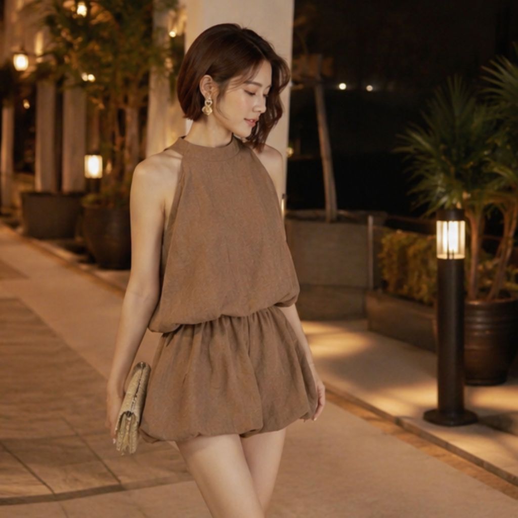 Jumpsuit Jennie BlackPink cổ yếm dáng bí ngô chất đũi da lộn thời trang nữ cá tính