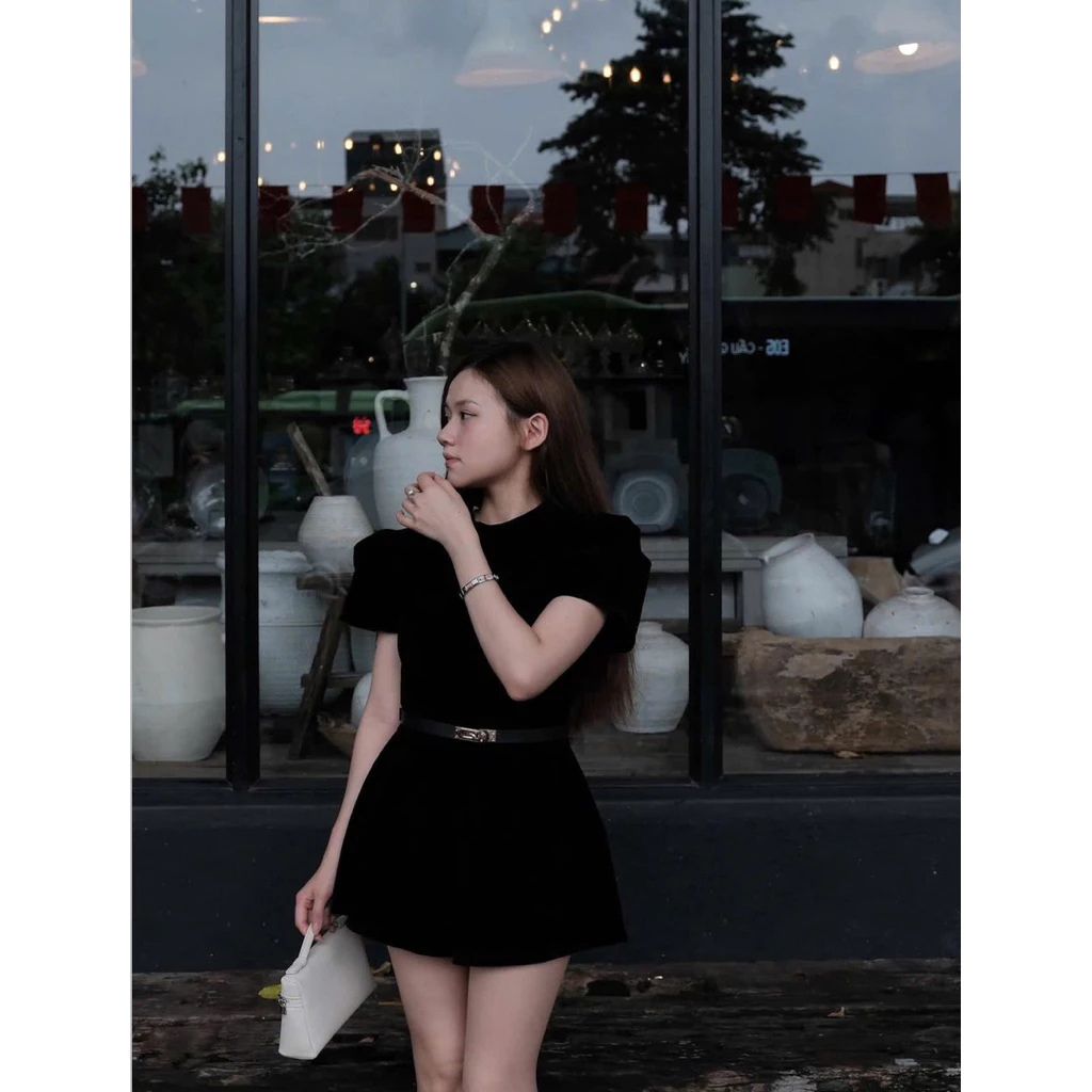 Jumpsuit nhung tay bồng cổ tàu kèm đai da sang chảnh siêu xinh - Ảnh 2