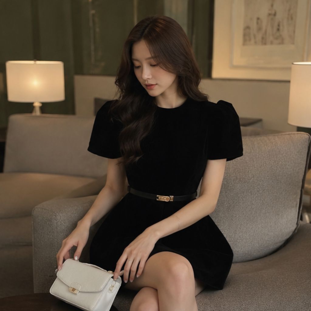 Jumpsuit nhung tay bồng cổ tàu kèm đai da sang chảnh siêu xinh