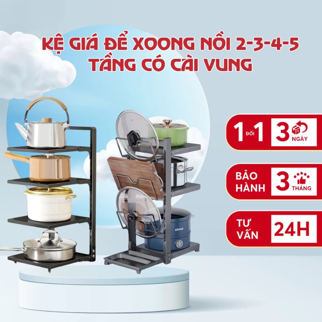 Kệ để xoong nồi chảo 2 3 4 5 tầng có cài vung điều chỉnh tiện lợi cho nhà bếp