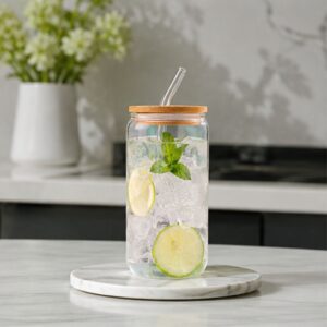Ly thủy tinh Borosilicate 500ml có nắp tre và ống hút cao cấp