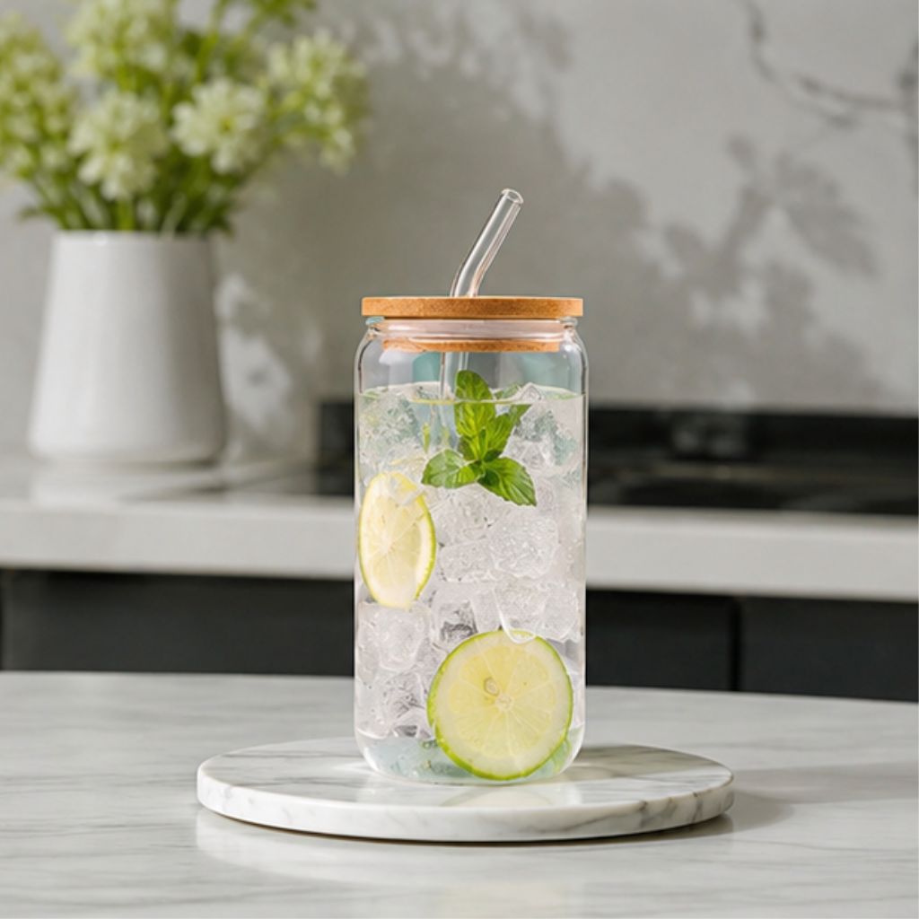 Ly thủy tinh Borosilicate 500ml có nắp tre và ống hút cao cấp