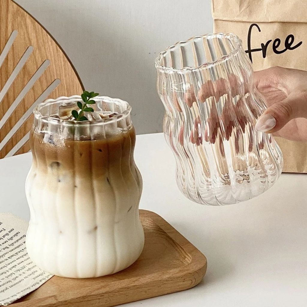 Ly thủy tinh gợn sóng nghệ thuật 350ml dùng uống cà phê trà sữa decor sang trọng