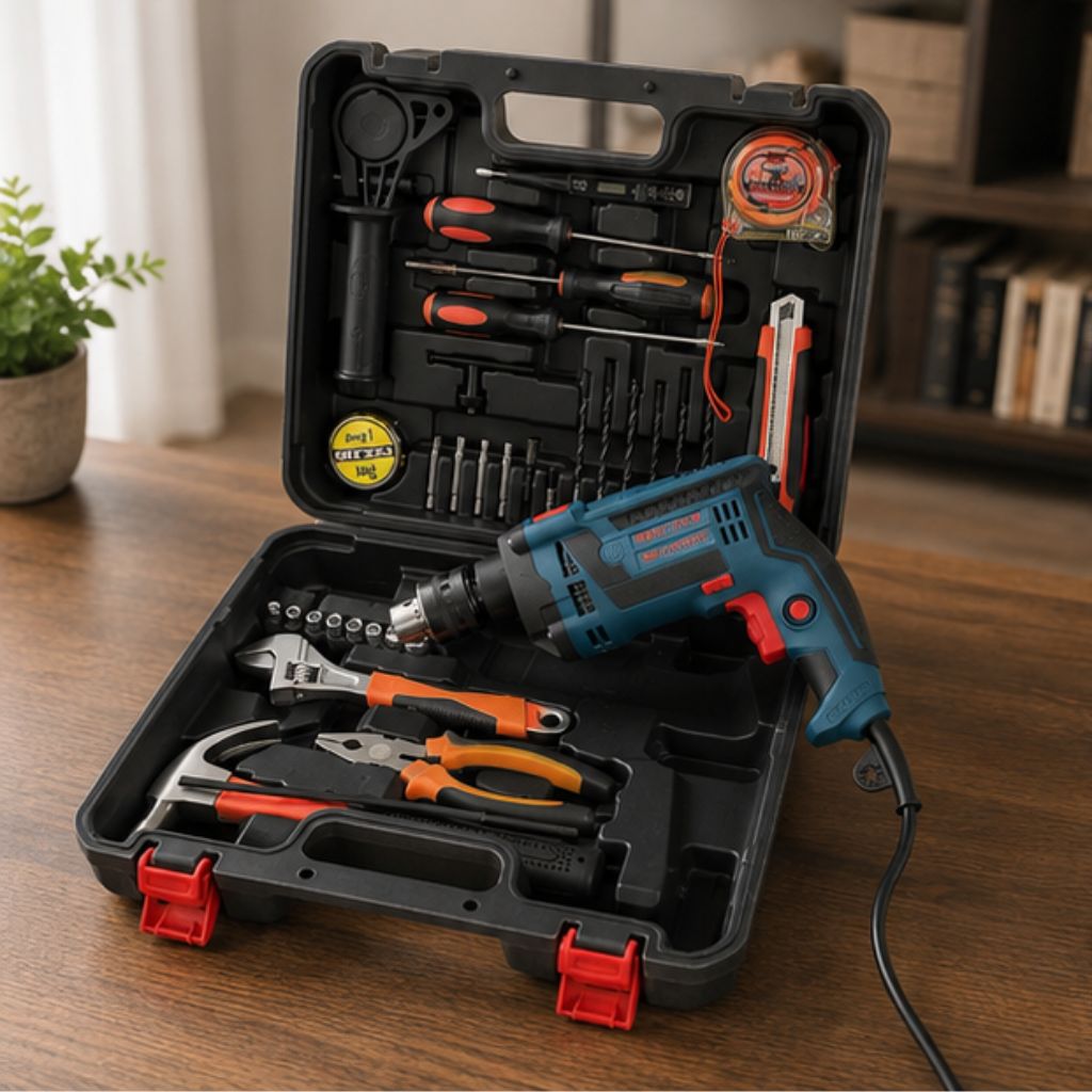Máy khoan điện BOSH 910W kèm vali đồ nghề đa năng có búa khoan tường