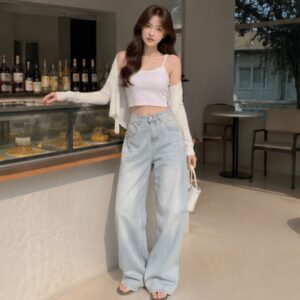 Quần jean nữ ống rộng cạp cao dáng dài chất denim mềm màu xanh trắng wash đen bigsize - Hình ảnh 3