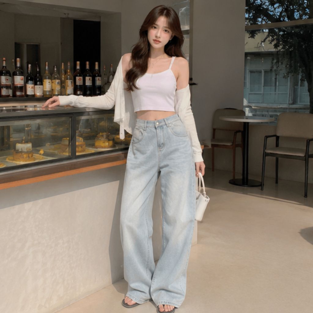 Quần jean nữ ống rộng cạp cao dáng dài chất denim mềm màu xanh trắng wash đen bigsize