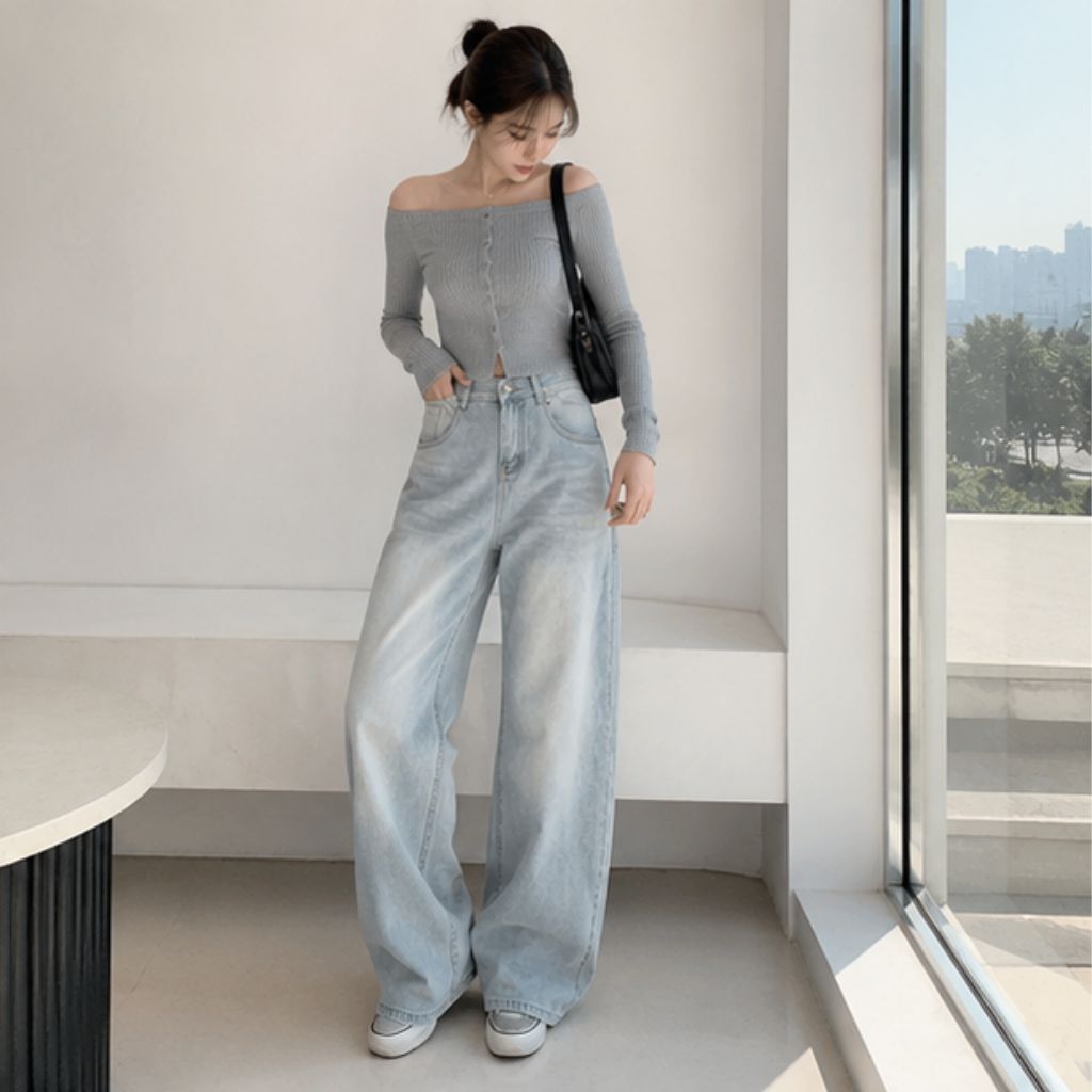 Quần jean nữ ống rộng cạp cao dáng dài chất denim mềm màu xanh trắng wash đen bigsize