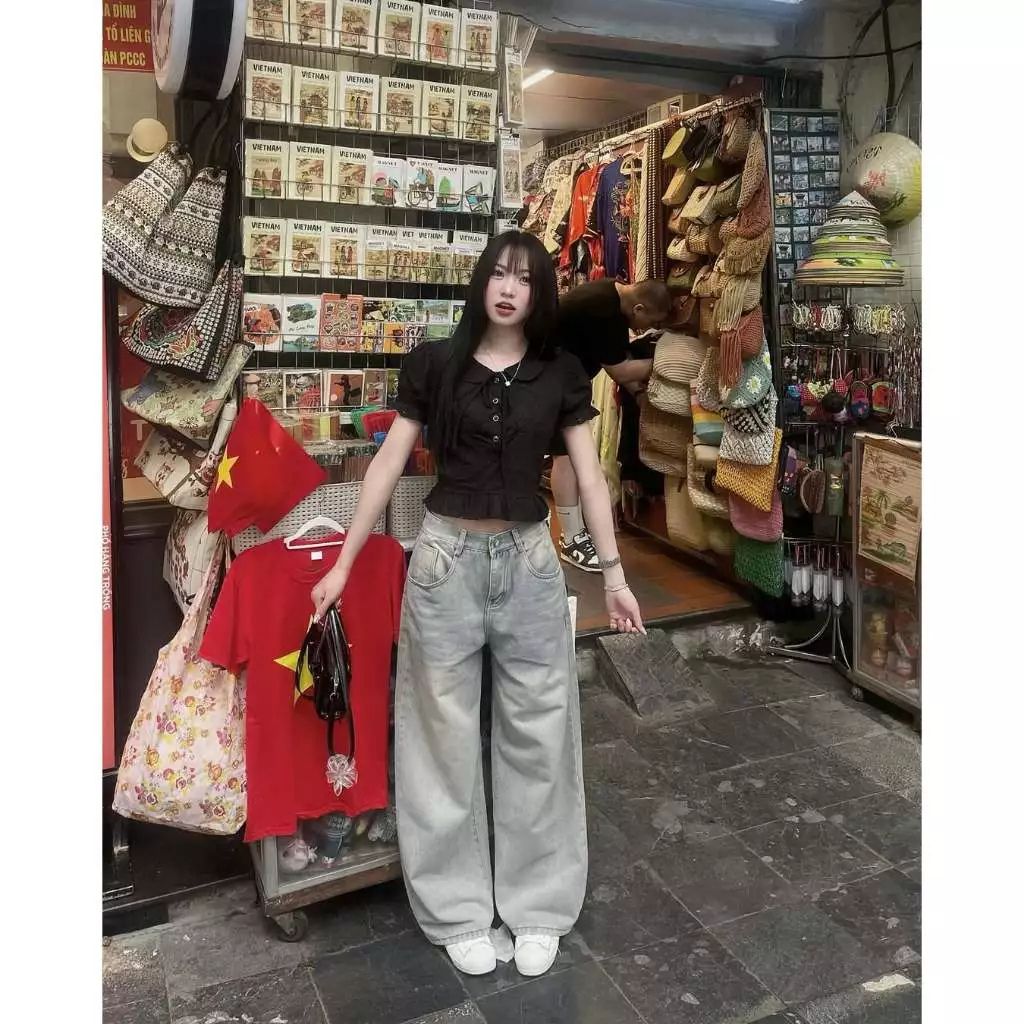 Quần jean nữ ống rộng cạp cao dáng dài chất denim mềm màu xanh trắng wash đen bigsize - Ảnh 2