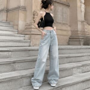 Quần jean nữ ống rộng cạp cao dáng dài chất denim mềm màu xanh trắng wash đen bigsize