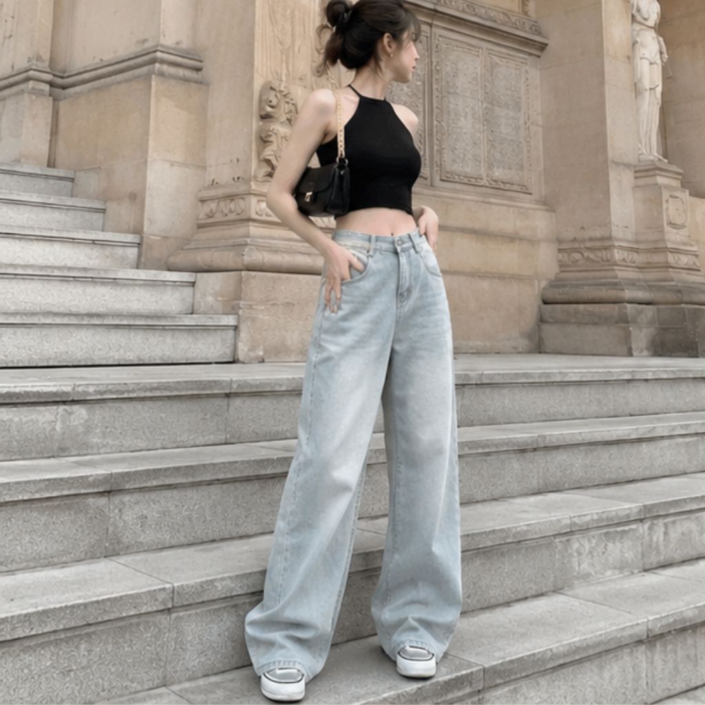 Quần jean nữ ống rộng cạp cao dáng dài chất denim mềm màu xanh trắng wash đen bigsize