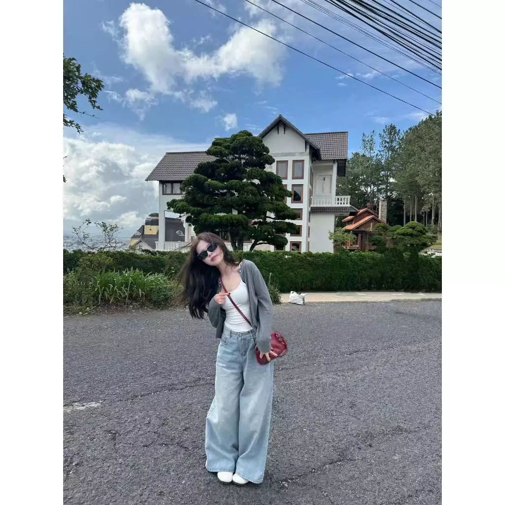 Quần jean nữ ống rộng cạp cao dáng dài chất denim mềm màu xanh trắng wash đen bigsize - Ảnh 3