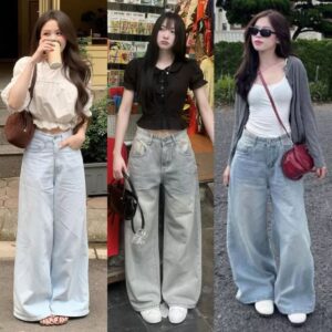 Quần jean nữ ống rộng cạp cao dáng dài chất denim mềm màu xanh trắng wash đen bigsize