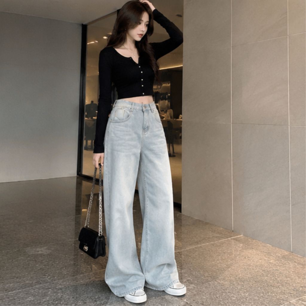 Quần jean nữ ống rộng cạp cao dáng dài chất denim mềm màu xanh trắng wash đen bigsize