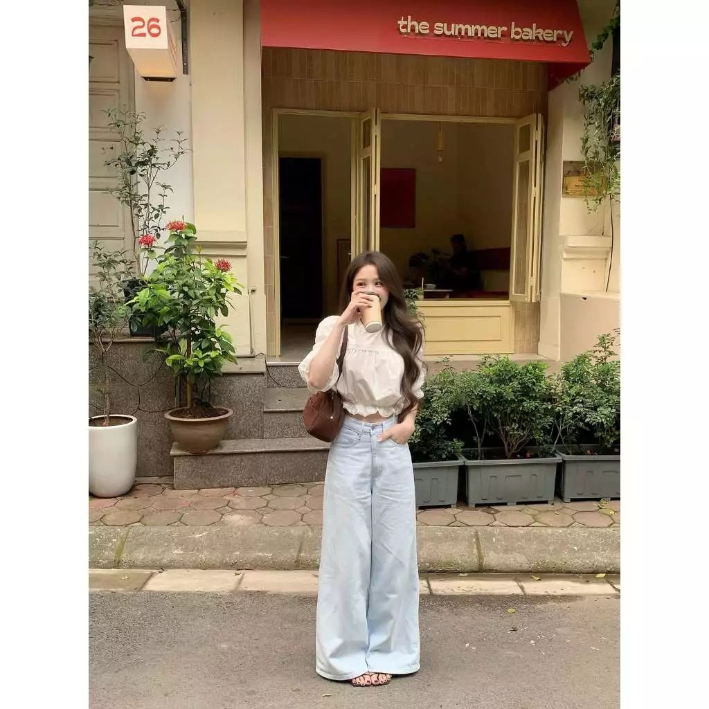 Quần jean nữ ống rộng cạp cao dáng dài chất denim mềm màu xanh trắng wash đen bigsize - Ảnh 4