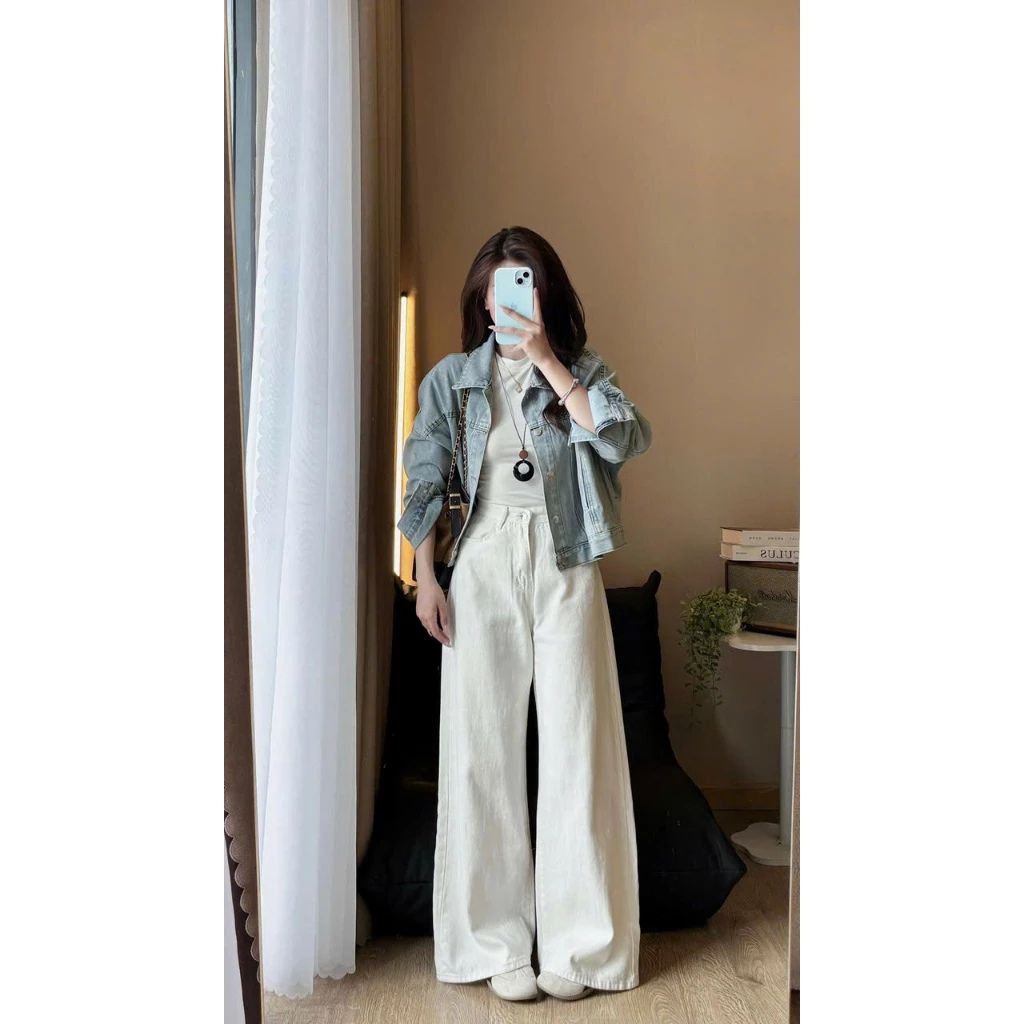 Quần jean nữ ống rộng cạp cao dáng dài chất denim mềm màu xanh trắng wash đen bigsize - Ảnh 6