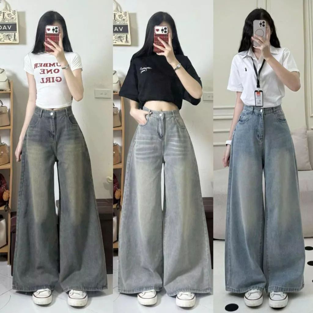 Quần jean nữ ống rộng cạp cao dáng dài chất denim mềm màu xanh trắng wash đen bigsize - Ảnh 7