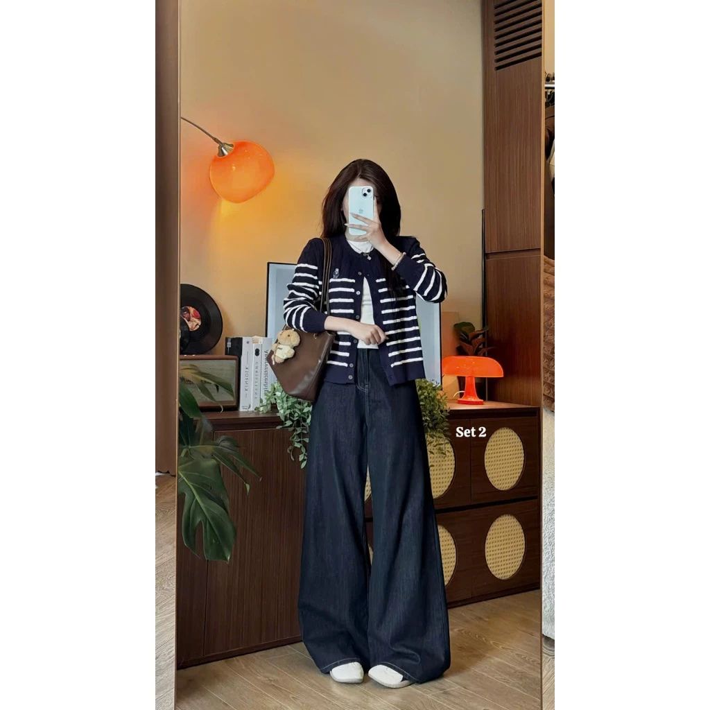 Quần jean nữ ống rộng cạp cao dáng dài chất denim mềm màu xanh trắng wash đen bigsize - Ảnh 8