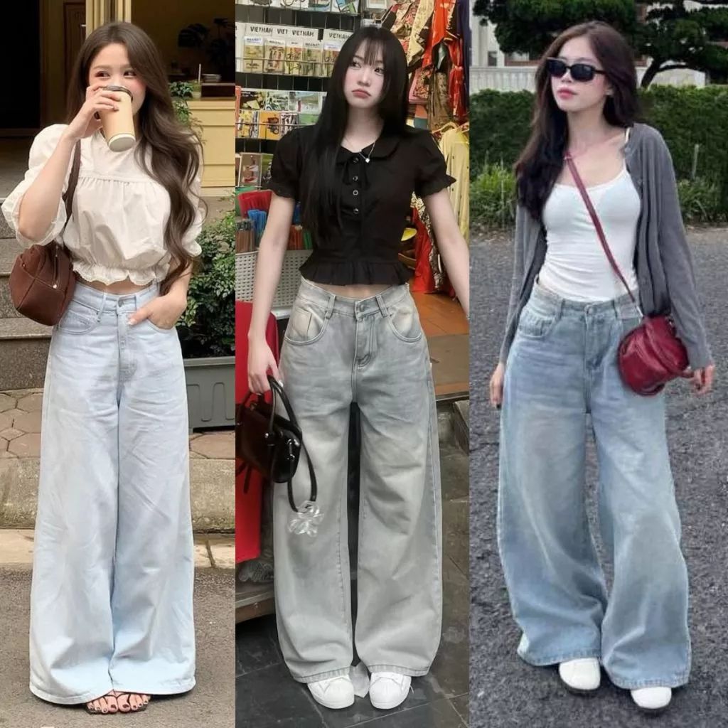 Quần jean nữ ống rộng cạp cao dáng dài chất denim mềm màu xanh trắng wash đen bigsize