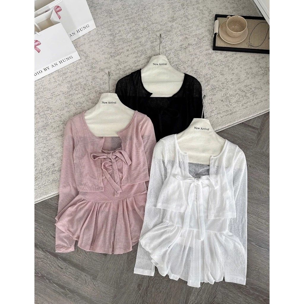 Set áo 2 dây nhún ngực len dệt kim kèm áo cardigan mỏng siêu xinh - Ảnh 3