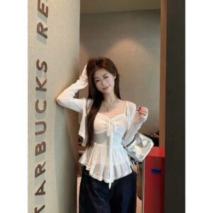 Set áo 2 dây nhún ngực len dệt kim kèm áo cardigan mỏng siêu xinh