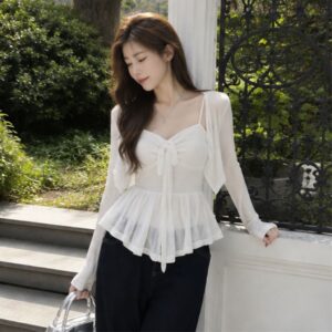 Set áo 2 dây nhún ngực len dệt kim kèm áo cardigan mỏng siêu xinh - Hình ảnh 1