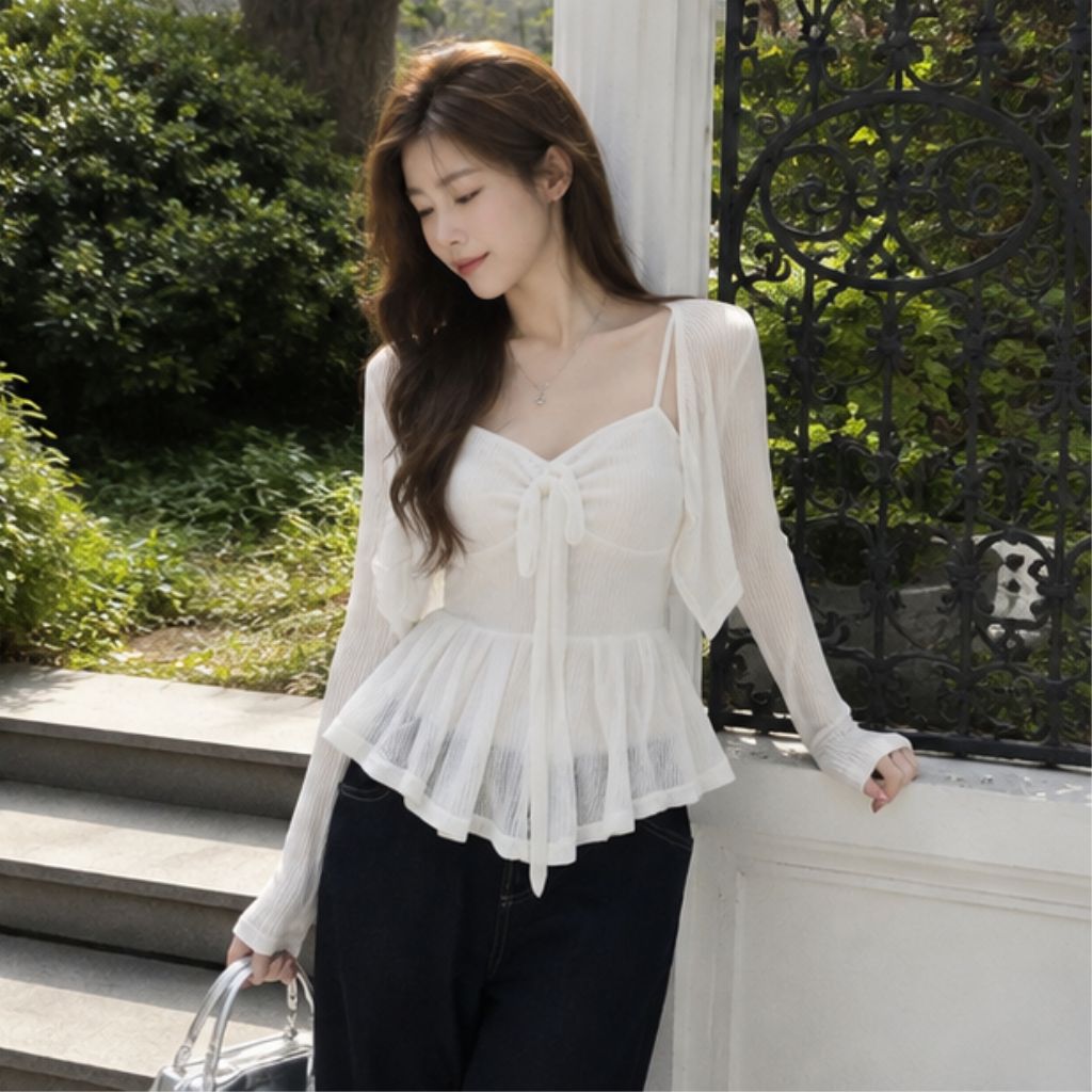 Set áo 2 dây nhún ngực len dệt kim kèm áo cardigan mỏng siêu xinh
