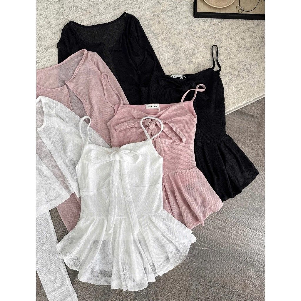 Set áo 2 dây nhún ngực len dệt kim kèm áo cardigan mỏng siêu xinh - Ảnh 5