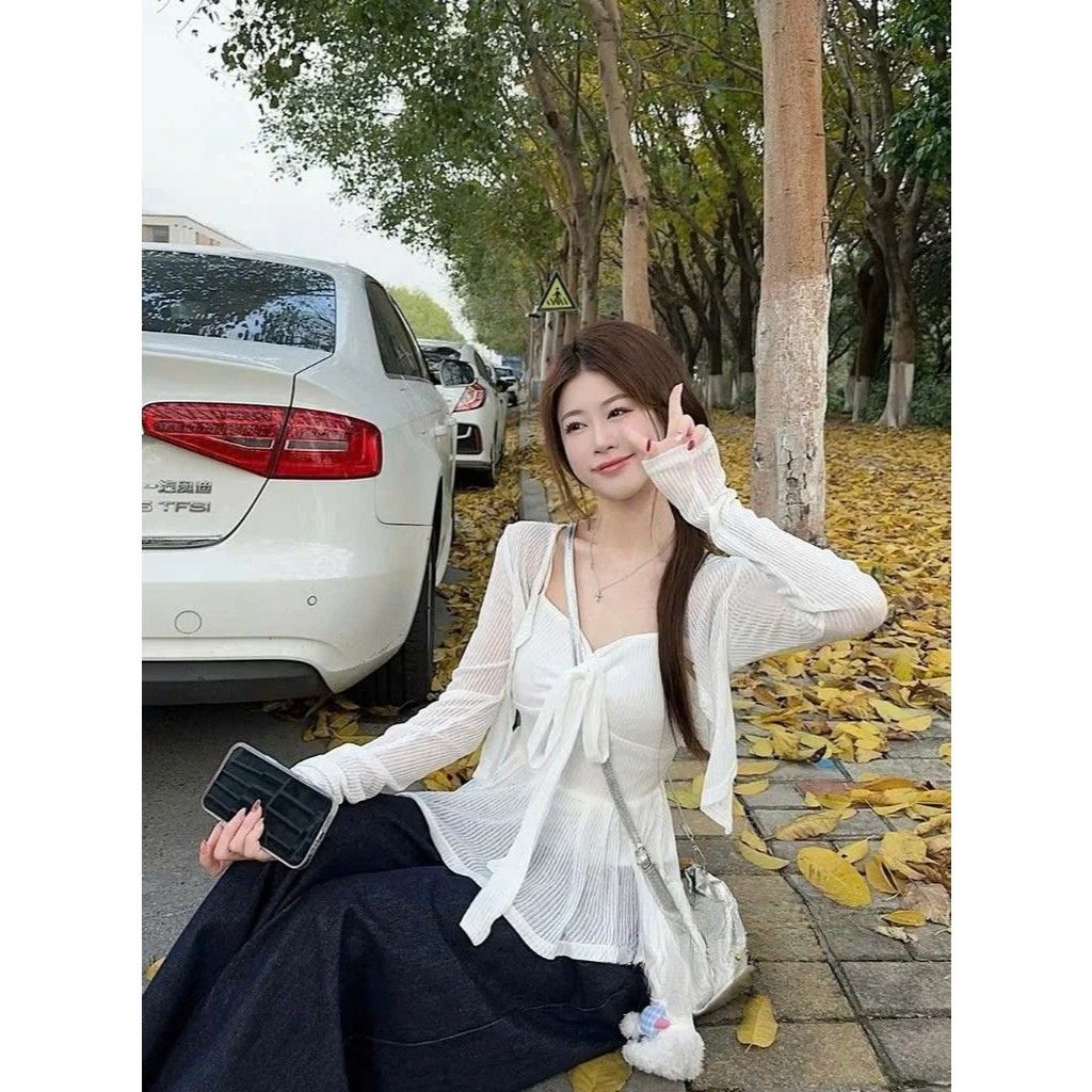 Set áo 2 dây nhún ngực len dệt kim kèm áo cardigan mỏng siêu xinh - Ảnh 6