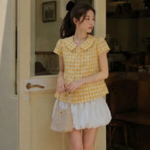 Set áo babydoll kẻ caro tay phồng mix chân váy bí nữ tính dễ thương - Hình ảnh 1
