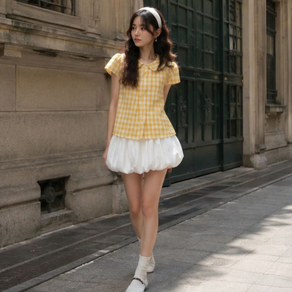 Set áo babydoll kẻ caro tay phồng mix chân váy bí nữ tính dễ thương