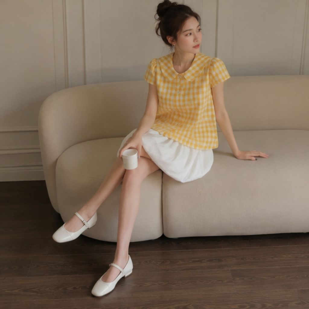 Set áo babydoll kẻ caro tay phồng mix chân váy bí nữ tính dễ thương