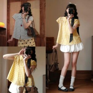 Set áo babydoll kẻ caro tay phồng mix chân váy bí nữ tính dễ thương