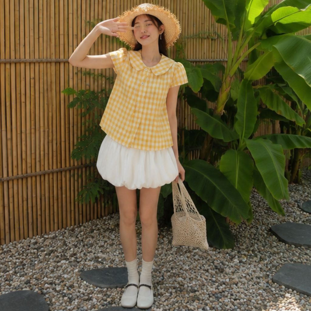 Set áo babydoll kẻ caro tay phồng mix chân váy bí nữ tính dễ thương