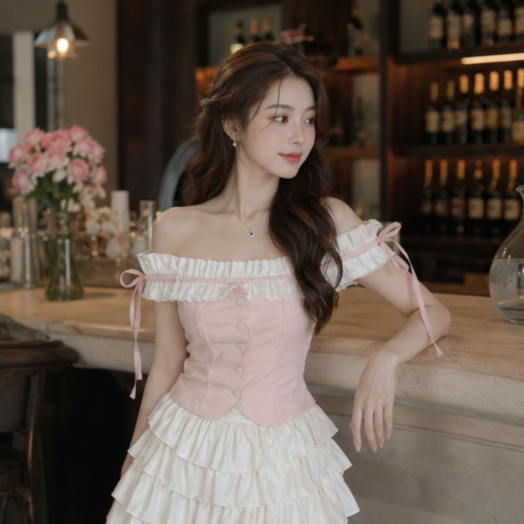 Set áo bẹt vai phối bèo buộc nơ kèm chân váy xòe tầng tiểu thư siêu xinh