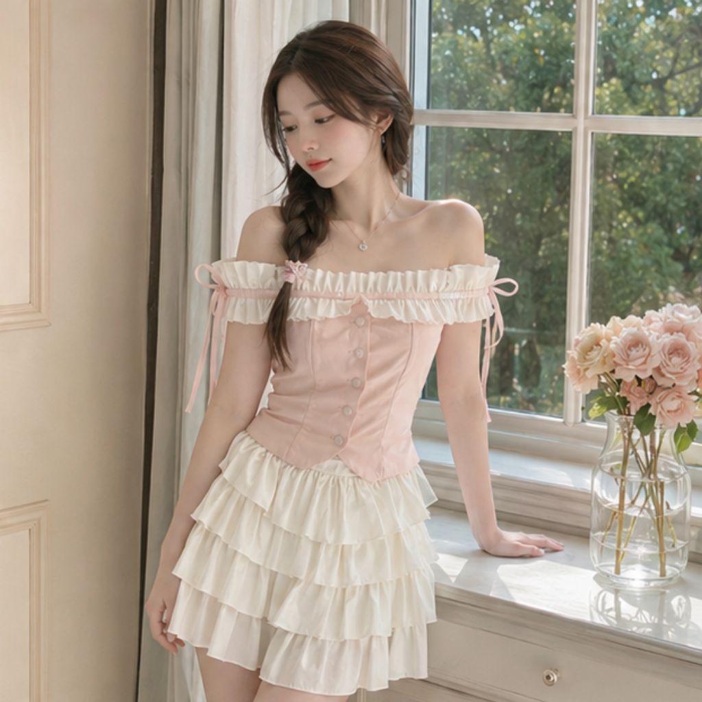 Set áo bẹt vai phối bèo buộc nơ kèm chân váy xòe tầng tiểu thư siêu xinh