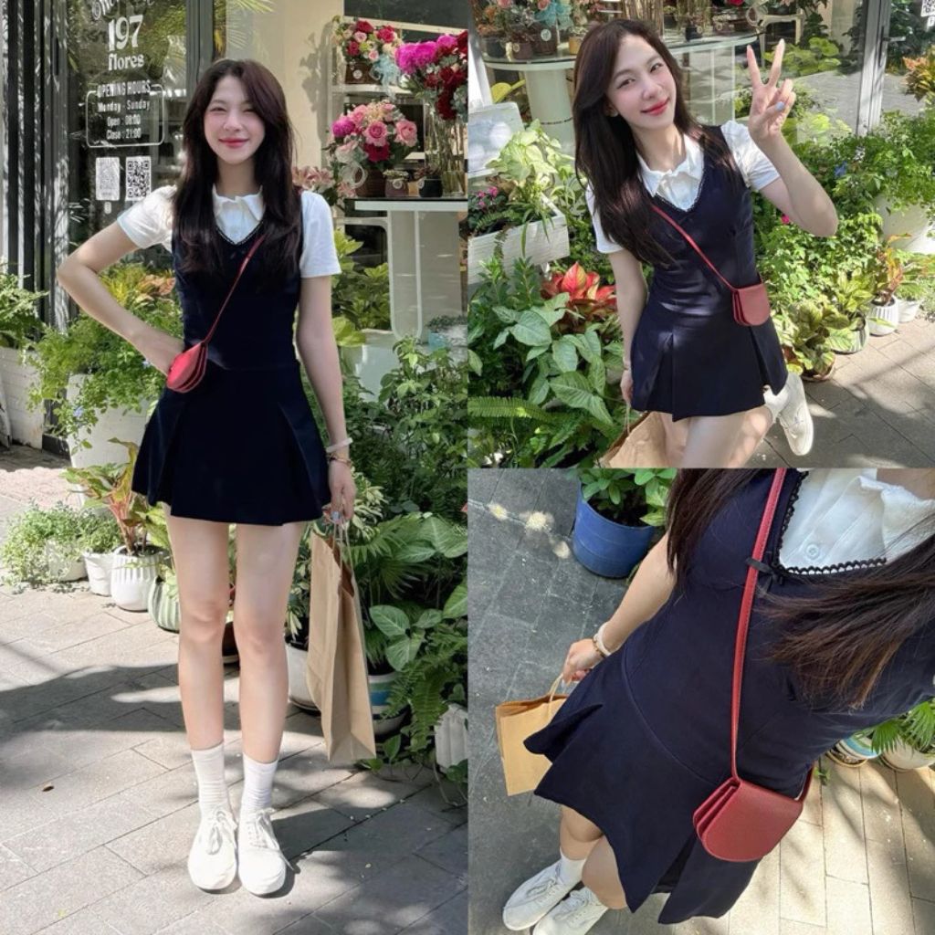 Set áo polo trắng cổ đức mix yếm viền ren xanh than 2 lớp siêu xinh