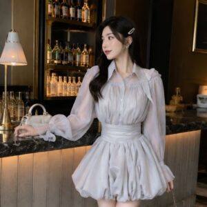 Set áo sơ mi cổ nhọn phối chân váy xòe bồng tơ xốp sang chảnh nữ tính - Hình ảnh 3