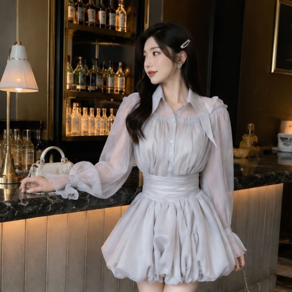 Set áo sơ mi cổ nhọn phối chân váy xòe bồng tơ xốp sang chảnh nữ tính