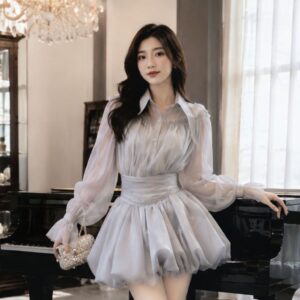 Set áo sơ mi cổ nhọn phối chân váy xòe bồng tơ xốp sang chảnh nữ tính - Hình ảnh 2