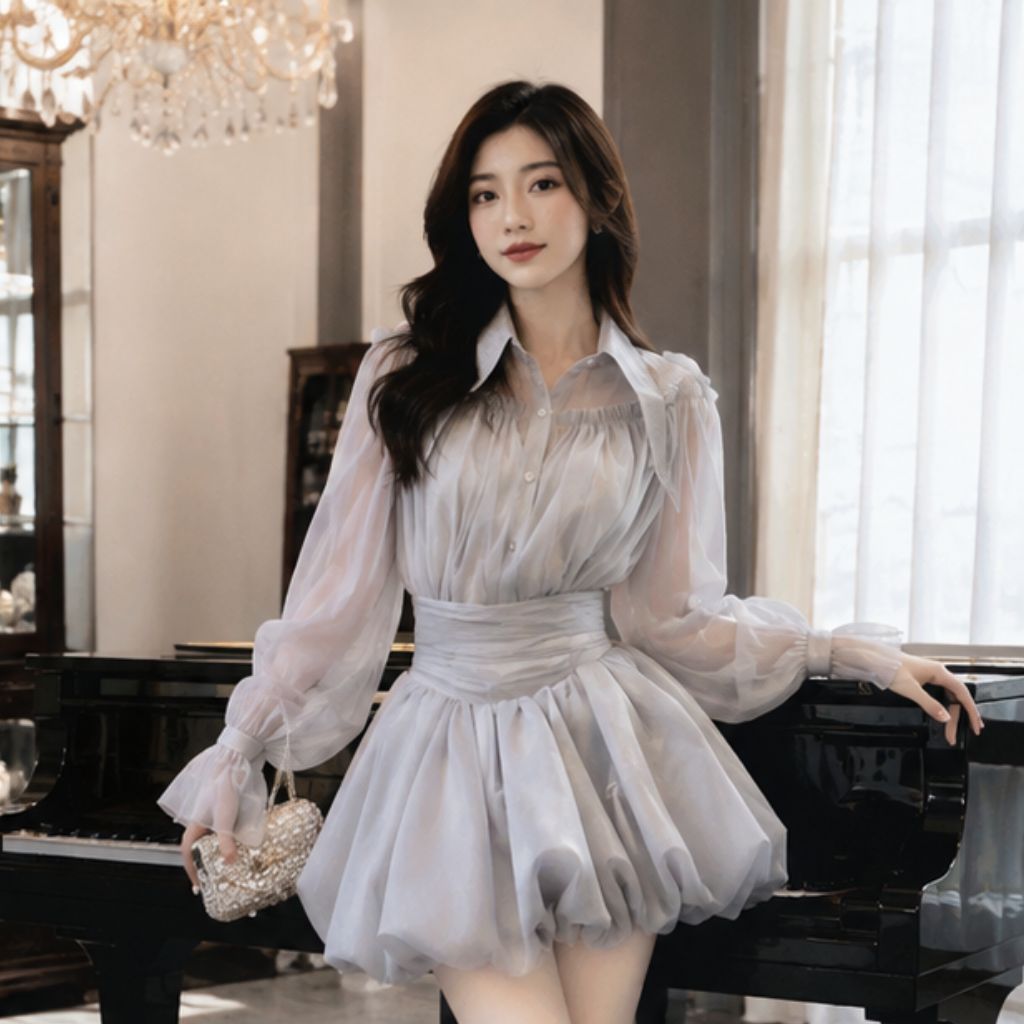 Set áo sơ mi cổ nhọn phối chân váy xòe bồng tơ xốp sang chảnh nữ tính