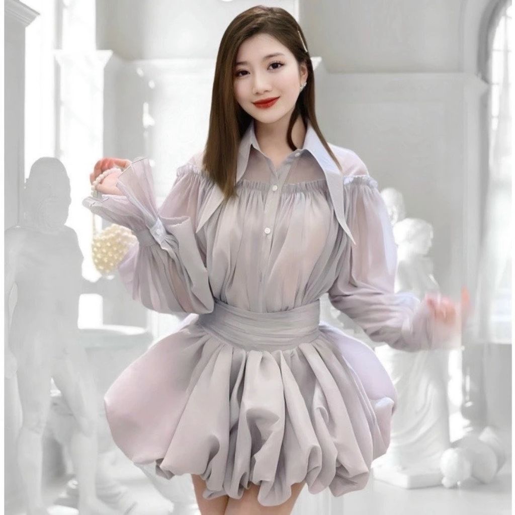 Set áo sơ mi cổ nhọn phối chân váy xòe bồng tơ xốp sang chảnh nữ tính - Ảnh 2